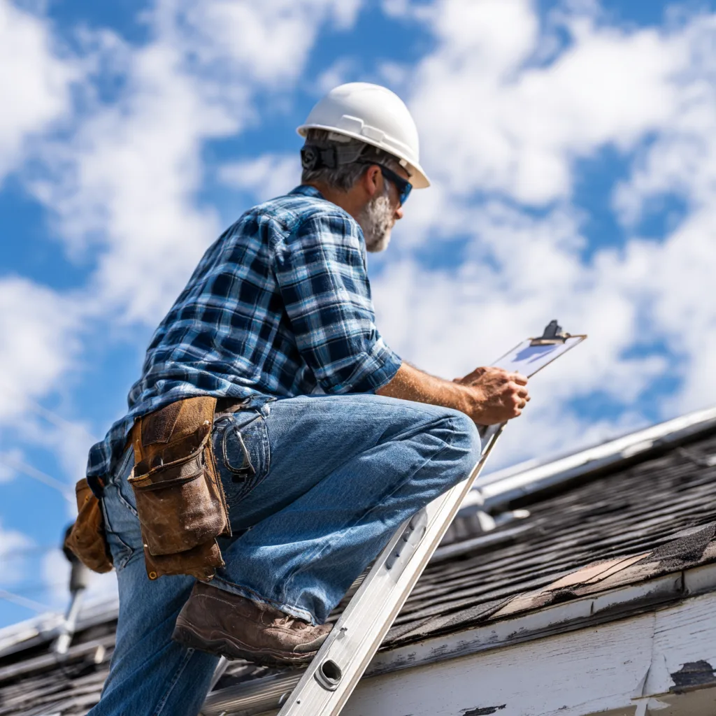 An inspector on a ladder at the roof edge holding a clipboard