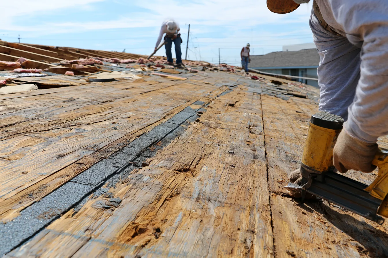 Roofers working across a stripped wood roof deck